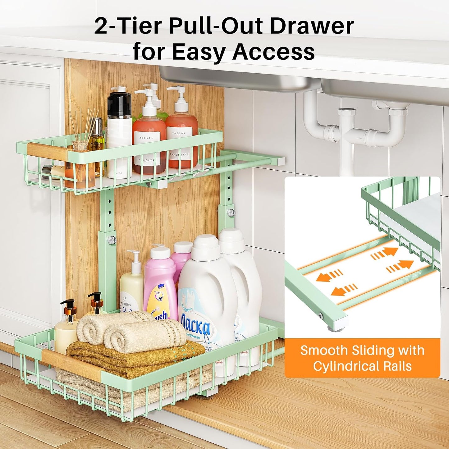 PXRACK Under Sink Organizer, Adjustable Height, 2 Tier Pull Out Under Cabinet Organizer, Slide Out Thickened Metal Under Sink Storage for Kitchen Bathroom Laundry Pantry Cabinet, White, Large-2-Pack