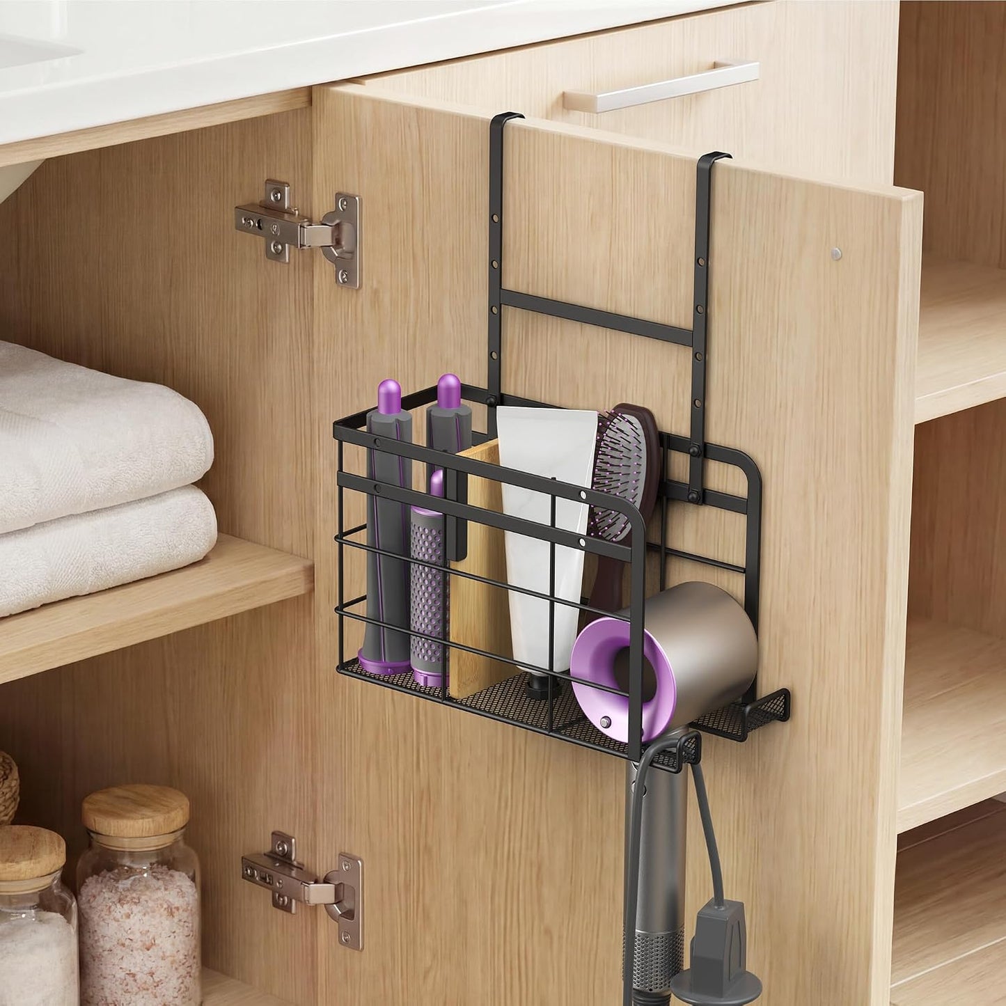 2 Pack Hair Tool Organizer - Hair Dryer Holder Wall Mounted/Cabinet Door - Adjustable Height Blow Dryer Holder - Curling Irons Storage with 2 Hooks (Black)