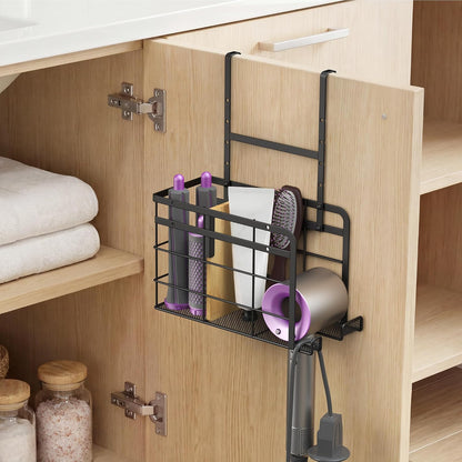2 Pack Hair Tool Organizer - Hair Dryer Holder Wall Mounted/Cabinet Door - Adjustable Height Blow Dryer Holder - Curling Irons Storage with 2 Hooks (Black)