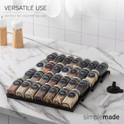 SIMPLEMADE-Spice Drawer Organizer, Spice Rack Drawer for Kitchen, 4 Tier Black Drawer Spice Organizer with 28 Jars and labels with a pen, Silicone Funnel, 13" by 17.5"