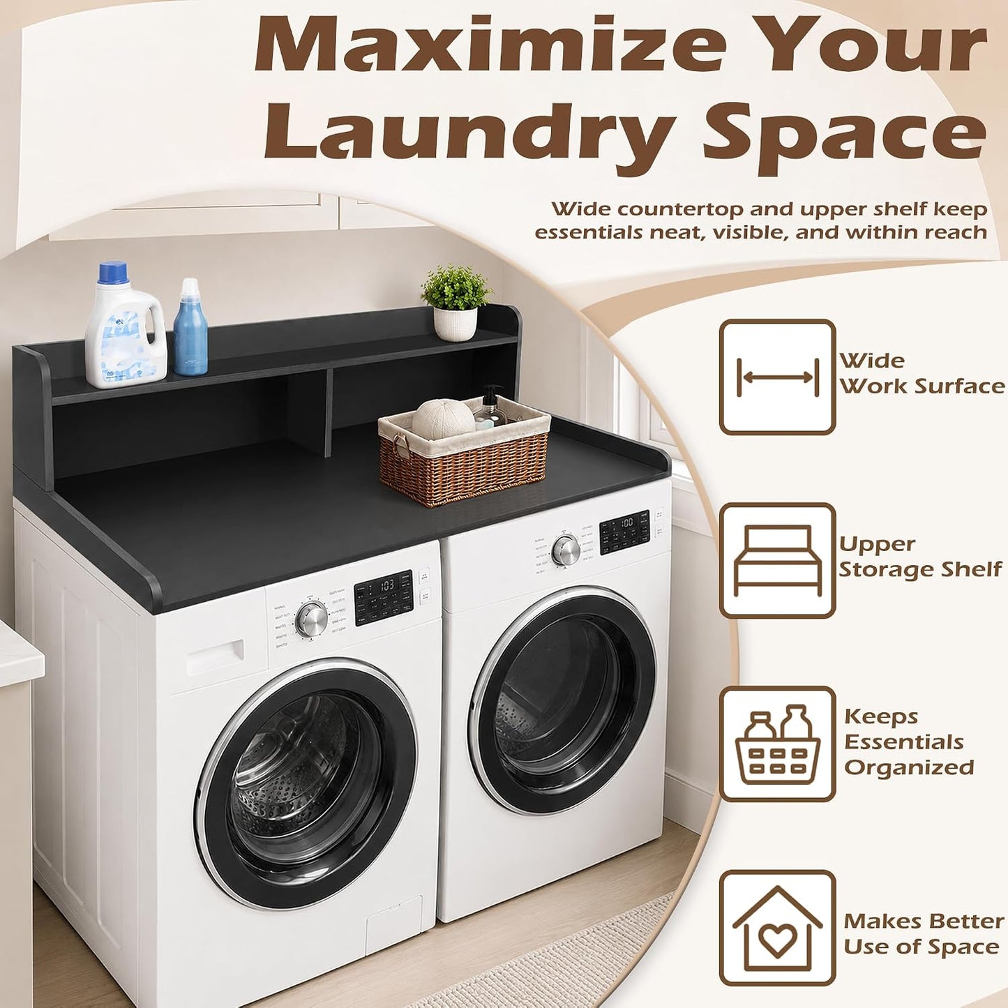 Royxen Laundry Countertop with 2-Tier Shelf Universal Fit, Washer and Dryer Countertop with Storage Space, Shelf Height 11.5 Inches, Solid Wood Core, Walnut