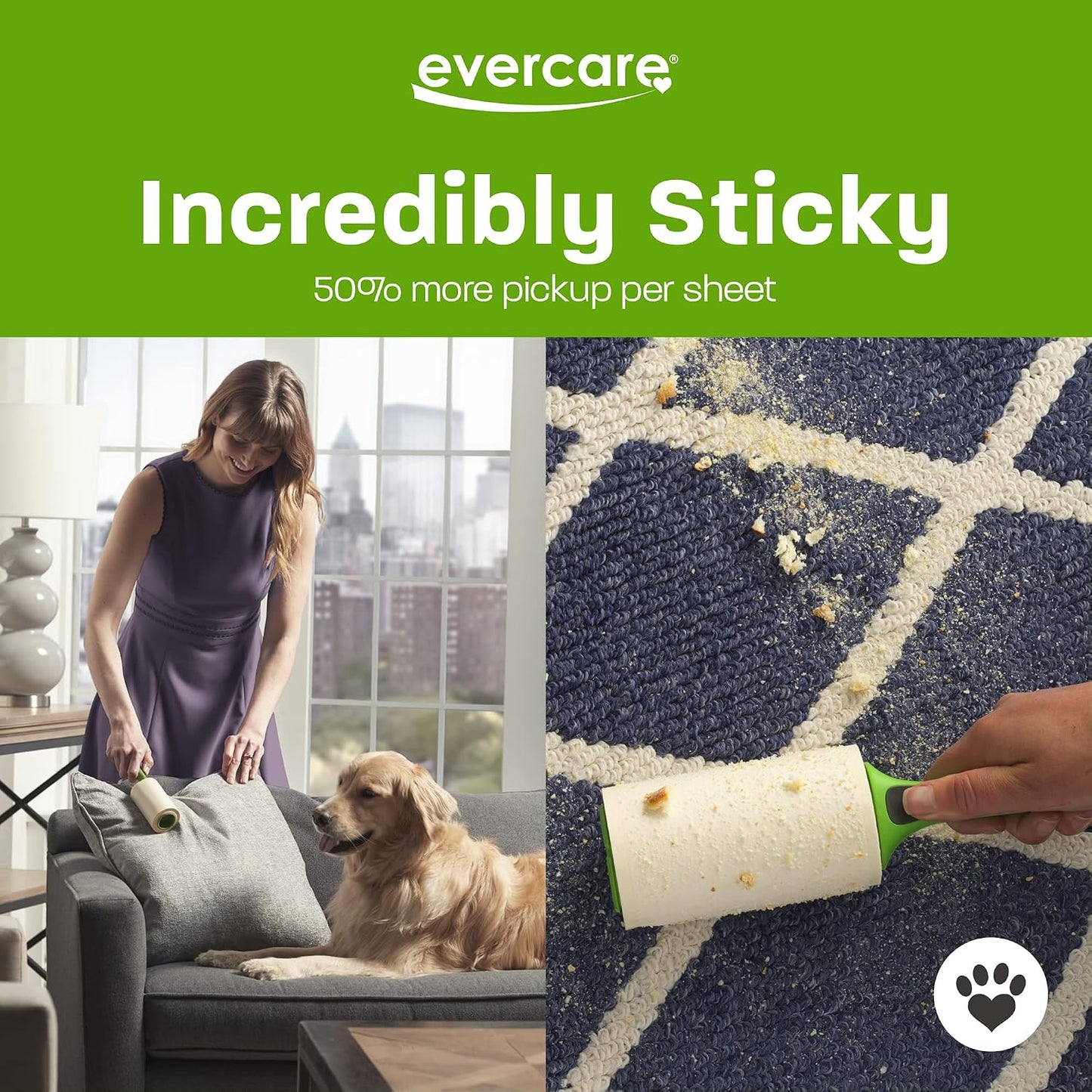 Evercare Pet Hair Lint Rollers All Purpose Use 100 Easy-Tear Sheets Per Roll Reusable Sticky Roller Pets Cat & Dog Hair Remover Contoured Handle For Furniture Clothing & Cars, Set of 3, Green