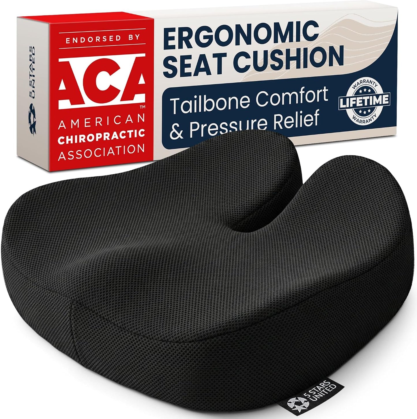 5 STARS UNITED Seat Cushion - Memory Foam Chair Cushion for Tailbone Pain Relief - Ergonomic Support for Coccyx, Sciatica & Butt - Office, Desk & Gaming Chair, Car Seat, Wheelchair, Airplane, Black