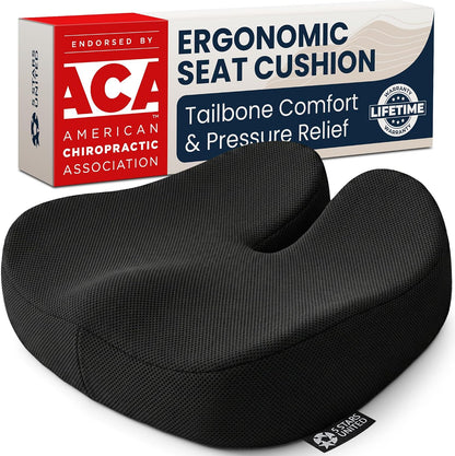 5 STARS UNITED Seat Cushion - Memory Foam Chair Cushion for Tailbone Pain Relief - Ergonomic Support for Coccyx, Sciatica & Butt - Office, Desk & Gaming Chair, Car Seat, Wheelchair, Airplane, Black