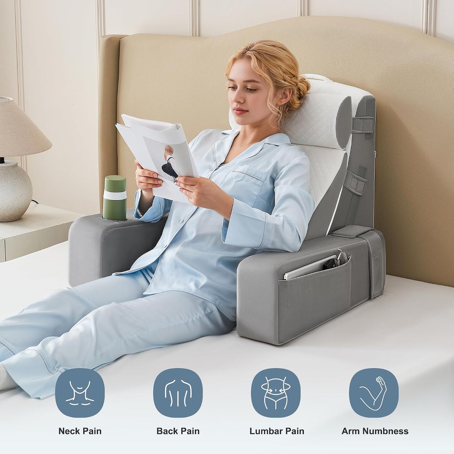 Reading Pillow for Bed with Adjustable Armrests and Side Pockets, Back Pillow for Bed Sitting Up, Sit Up Pillow, and Bed Pillows for Sitting Up, Ideal for Reading, Watching TV and Relaxing, Light Gray