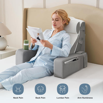 Reading Pillow for Bed with Adjustable Armrests and Side Pockets, Back Pillow for Bed Sitting Up, Sit Up Pillow, and Bed Pillows for Sitting Up, Ideal for Reading, Watching TV and Relaxing, Light Gray