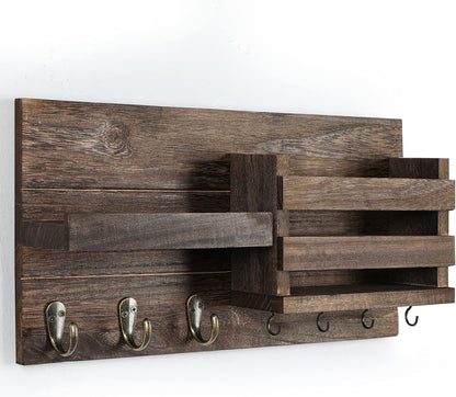 Lwenki Mail Organizer for Wall Mount – Key Holder with Shelf Includes Letter Holder and Hooks for Coats, Dog Leashes – Rustic Wood with Flush Mounting Hardware (16.5” x 8.7” x 3.5”)