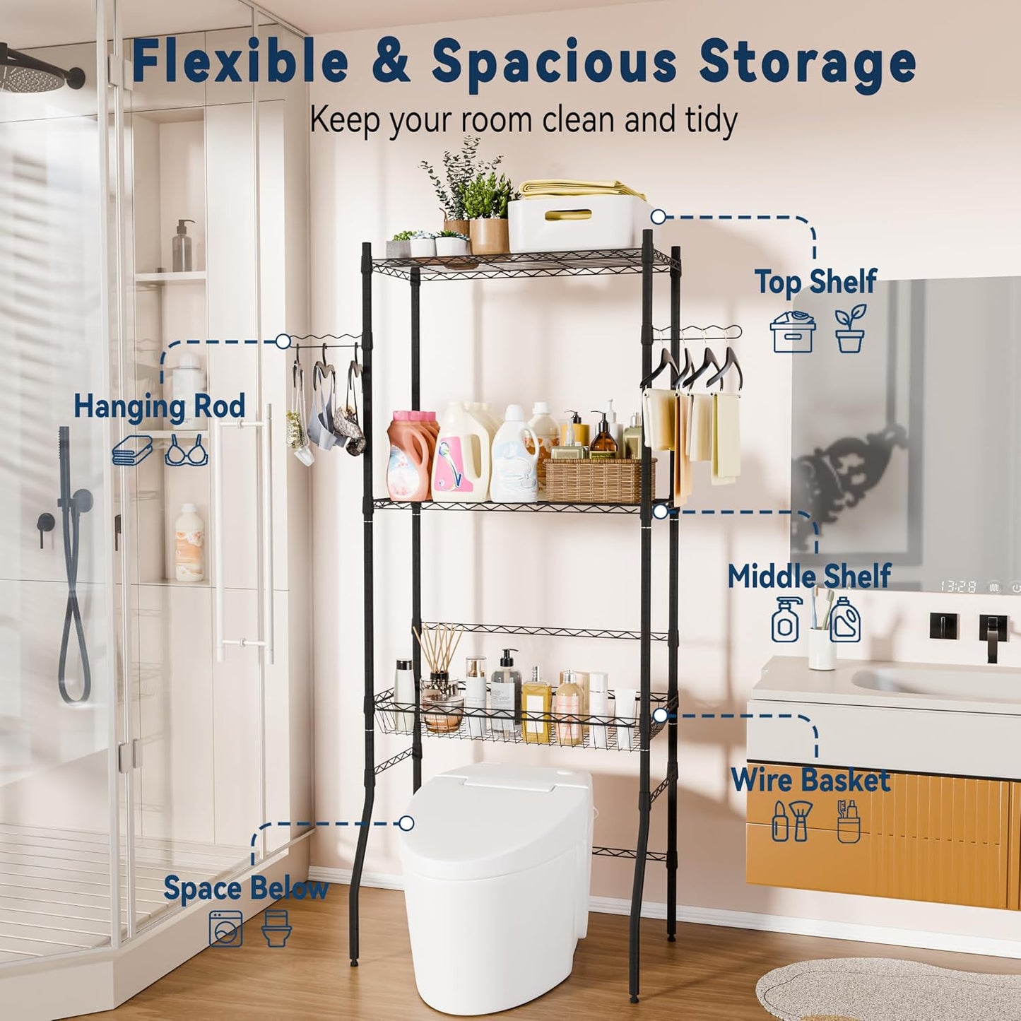 Laundry Room Storage Shelf & Organizer, 2 Tier Metal Over Washer and Dryer Shelves, Washing Machine Shelf with Hanger Rod, Expandable Bathroom Space Saver Shelf, 26–37" L x 15.8" W x 59.5" H, Black