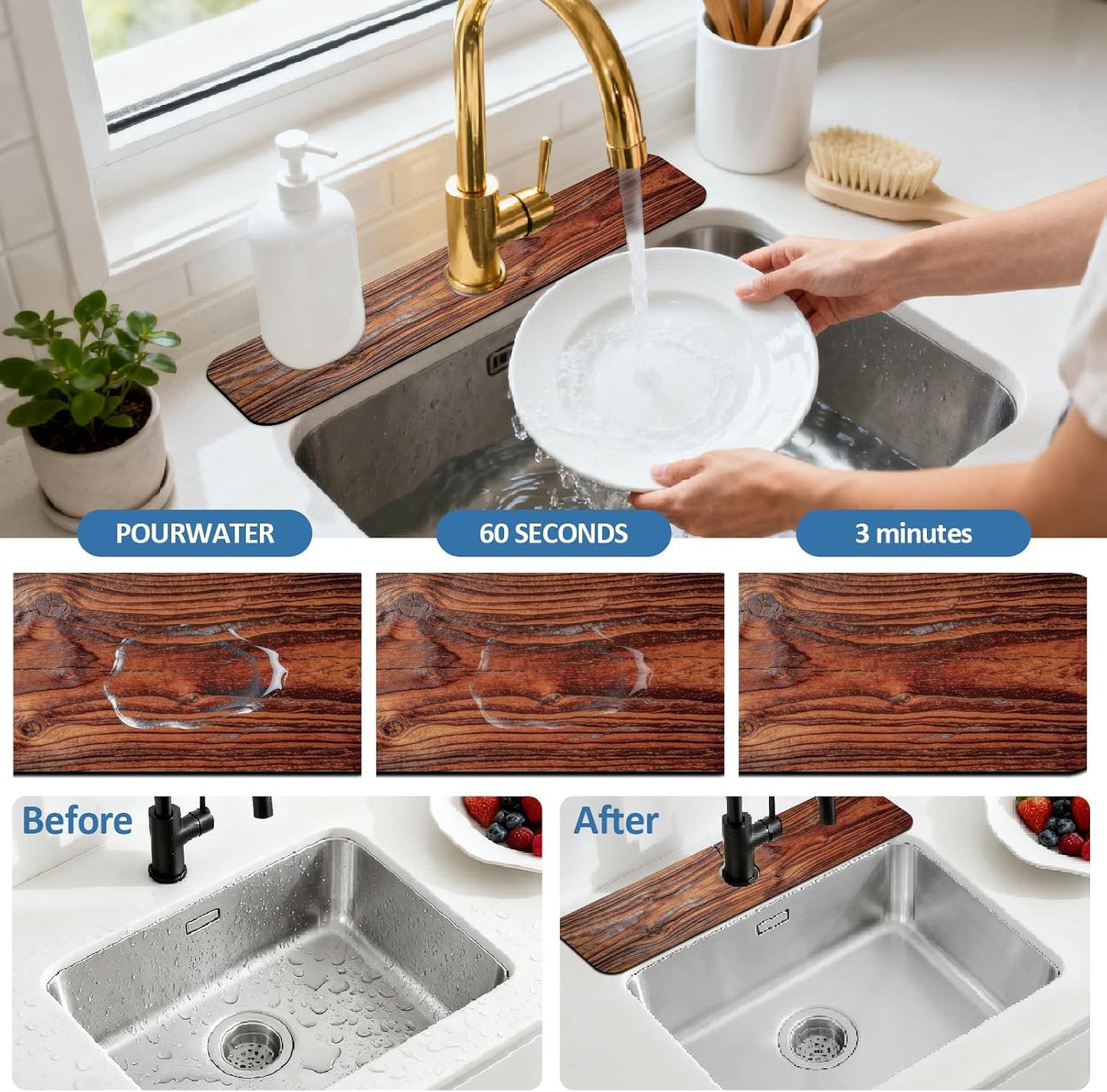 2 Pcs Kitchen Sink Splash Guard Faucet Mat Wood Grain Pattern Faucet Mat for Sinks Natural Wood Color Absorbing Drying Mats for Kitchen Bathroom, 23.6x5.5inch