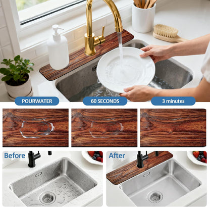 2 Pcs Kitchen Sink Splash Guard Faucet Mat Wood Grain Pattern Faucet Mat for Sinks Natural Wood Color Absorbing Drying Mats for Kitchen Bathroom, 23.6x5.5inch