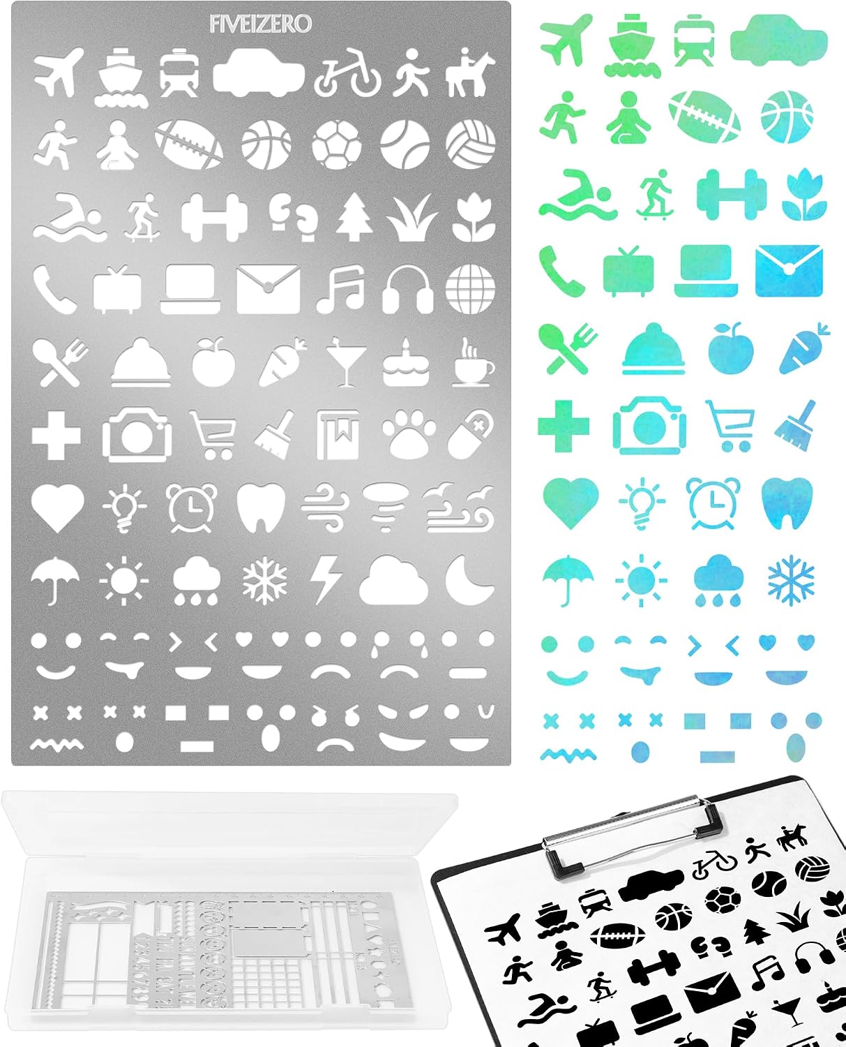 5x7.5 Inch Metal Journal Stencils, Stainless Steel Stencil Bookmark for Bullet Journaling, Reusable Planner Stencils with Faces & Icons for Habit Tracker, Calendar, Diary, Banners, Lists, Scrapbooking