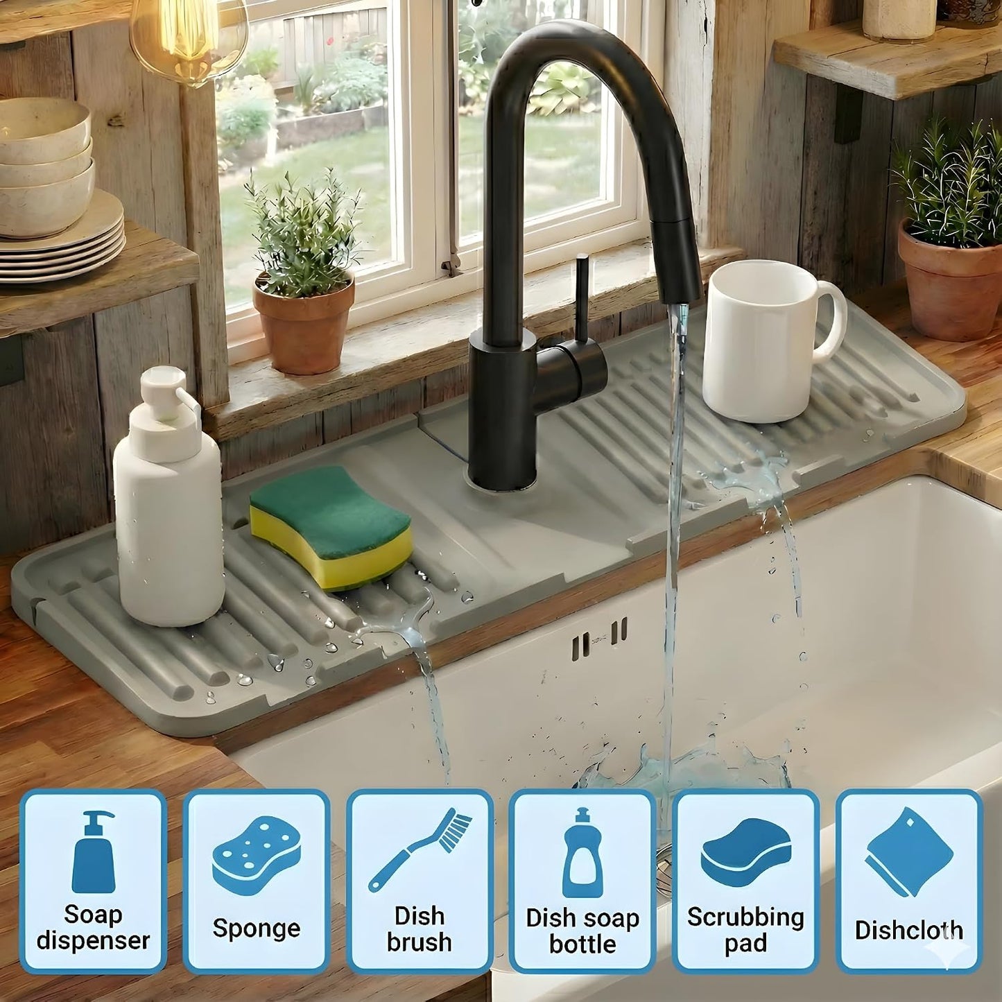 Silicone Faucet Mat for Kitchen Sink Splash Guard, 2-Piece Set – Each (15 × 4.5 in) – 5° Slope Fast Draining Water Guard – Universal Fit for 3.5–6 cm Faucets – Counter Protection, Grey