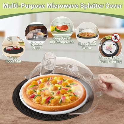 Microwave Splatter Cover, Clear, 10" Plate & 12" Mat | Water Steamer, Integrated Handle, Splatter Guard, BPA-Free