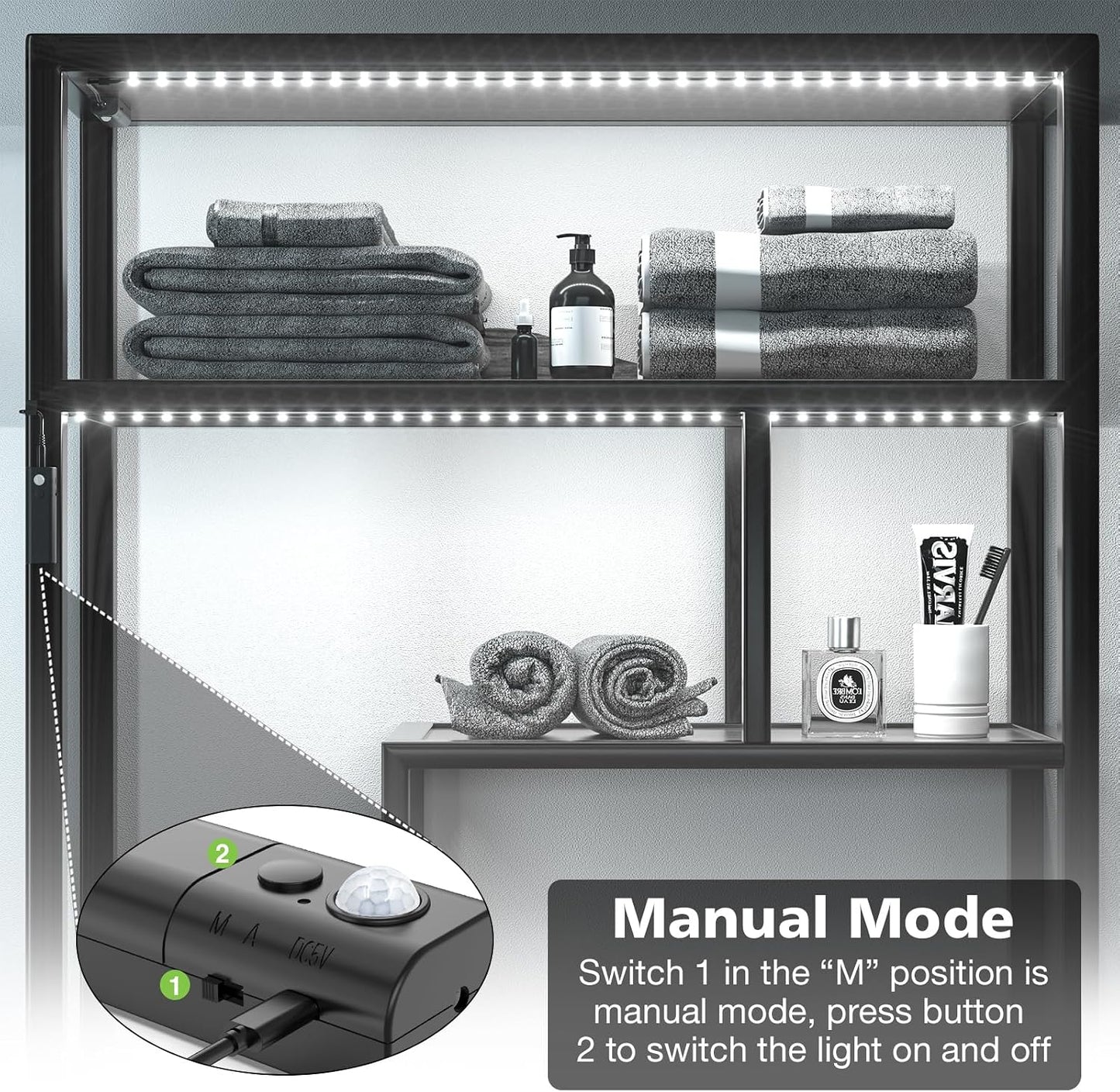 WOBANE Motion Sensor Stair Strip Lights,Rechargeable LED Closet Light,White | 2 X6.56ft Battery Powered Cordless LED Strip,60 LEDs Homelife Bar for Bed,Pantry,Counter,Night Light,Cabinet,6000K