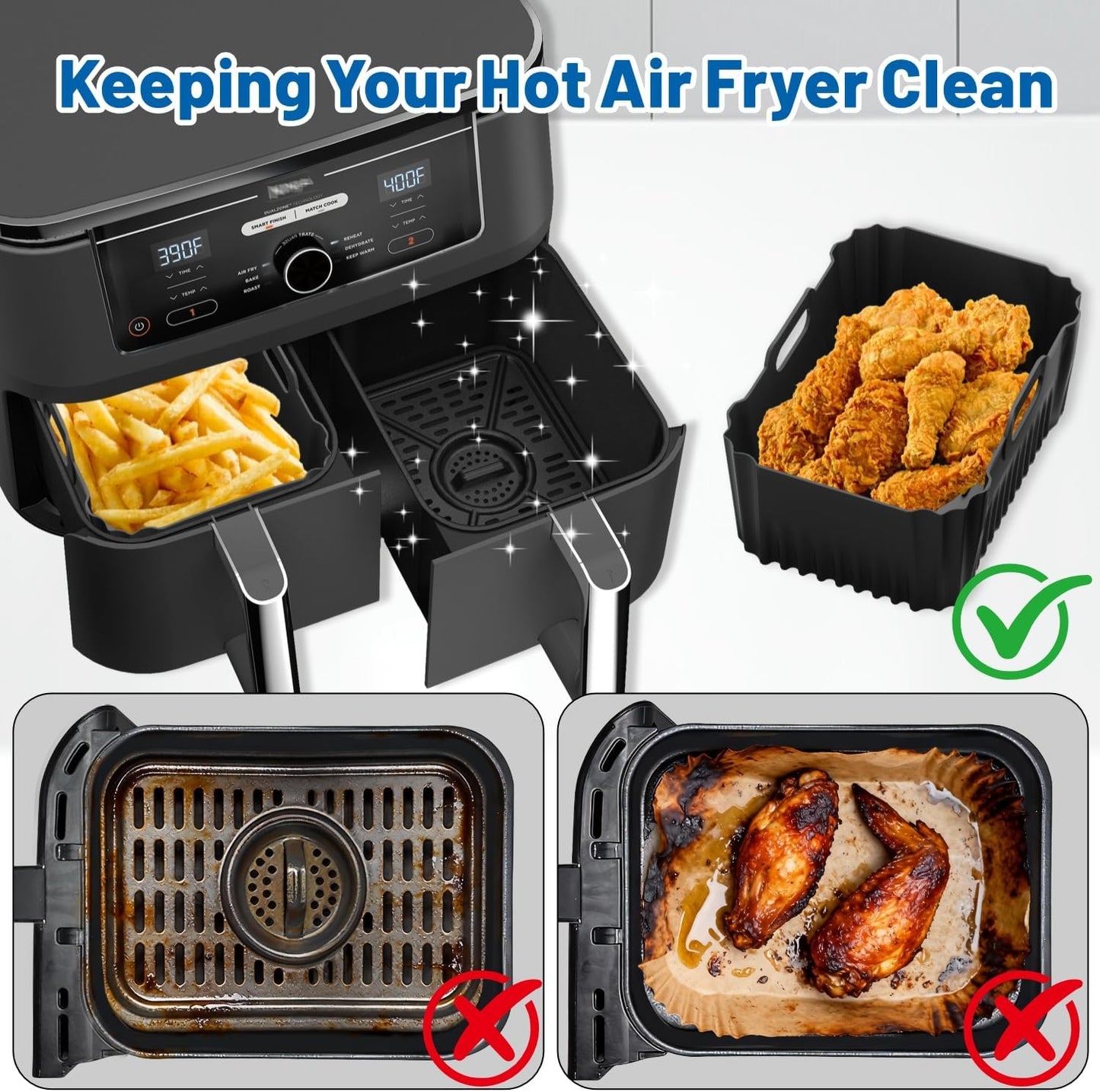 Silicone Air Fryer Liners for Ninja Foodi Dual DZ550 & DZ401 & DZ302 10Qt | Reusable Airfryer Silicone Pot Rectangle, Upgraded High Wall Baking Basket Insert, Dishwasher Safe, BPA-Free