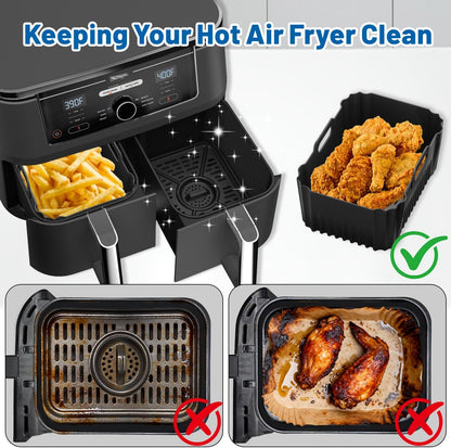 Silicone Air Fryer Liners for Ninja Foodi Dual DZ550 & DZ401 & DZ302 10Qt | Reusable Airfryer Silicone Pot Rectangle, Upgraded High Wall Baking Basket Insert, Dishwasher Safe, BPA-Free