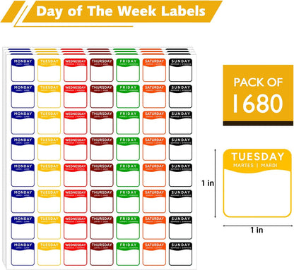 1680 Pcs 1" Square Day of The Week Labels, Removable & Writable Food Stickers in English/Español/Français for Restaurant Kitchen Containers and Inventory Management (Inches, 1 x 1)