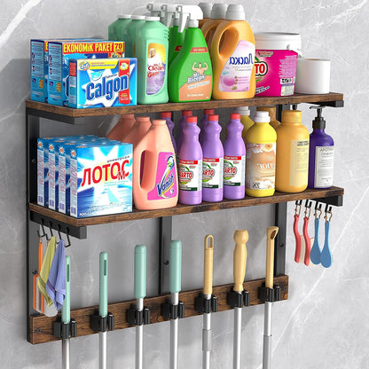 Housolution Wall Mount Broom Holder Hanger Laundry Room Storage Shelves | Thickened Metal Frame, 100 LBS High Load-Bearing, Large Capacity, Multifunctional with 7 Grippers & 8 Hooks