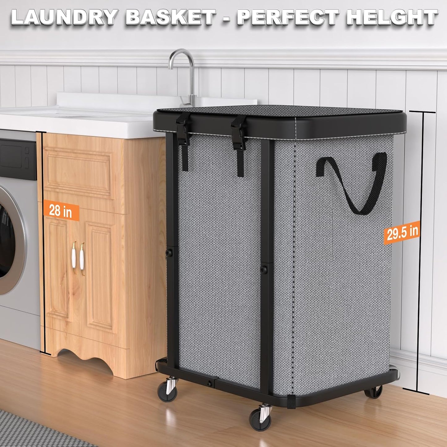 Laundry Hamper with Wheels,150L Leather Patchwork Clothes Hamper Black | Rolling Laundry Basket with Sturdy Metal Frame, Removable Washable Bag,Tall Clothes Sorter for Bedroom, Laundry Room, Dorm