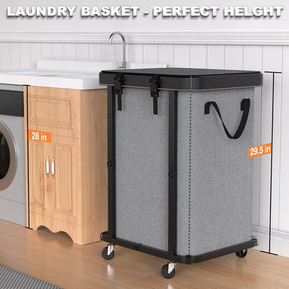 Laundry Hamper with Wheels,150L Leather Patchwork Clothes Hamper Black | Rolling Laundry Basket with Sturdy Metal Frame, Removable Washable Bag,Tall Clothes Sorter for Bedroom, Laundry Room, Dorm