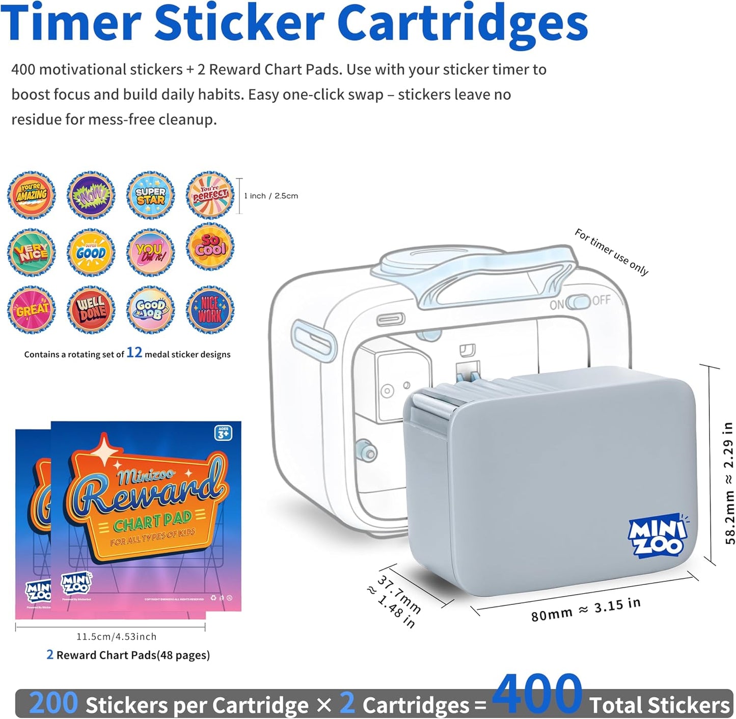 Refill Kit for Minizoo Sticker Timer, 2 Cartridges with 400 Stickers and 2 Reward Chart Pads, 400 pcs Medal Stickers and 48 Pages Charts for ADHD Focus, Classroom & Home Study Tool