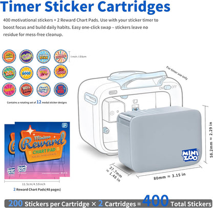 Refill Kit for Minizoo Sticker Timer, 2 Cartridges with 400 Stickers and 2 Reward Chart Pads, 400 pcs Medal Stickers and 48 Pages Charts for ADHD Focus, Classroom & Home Study Tool