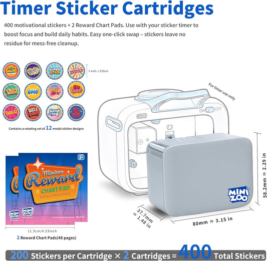 Refill Kit for Minizoo Sticker Timer, 2 Cartridges with 400 Stickers and 2 Reward Chart Pads, 400 pcs Medal Stickers and 48 Pages Charts for ADHD Focus, Classroom & Home Study Tool