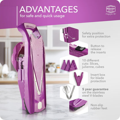 Mandoline Food Slicer Börner V5 (Starter Set) by Reston Lloyd • V-Slicer with Food Holder • Made in Germany • Fruit & Vegetable Chopper • Multiple Settings • Color: White