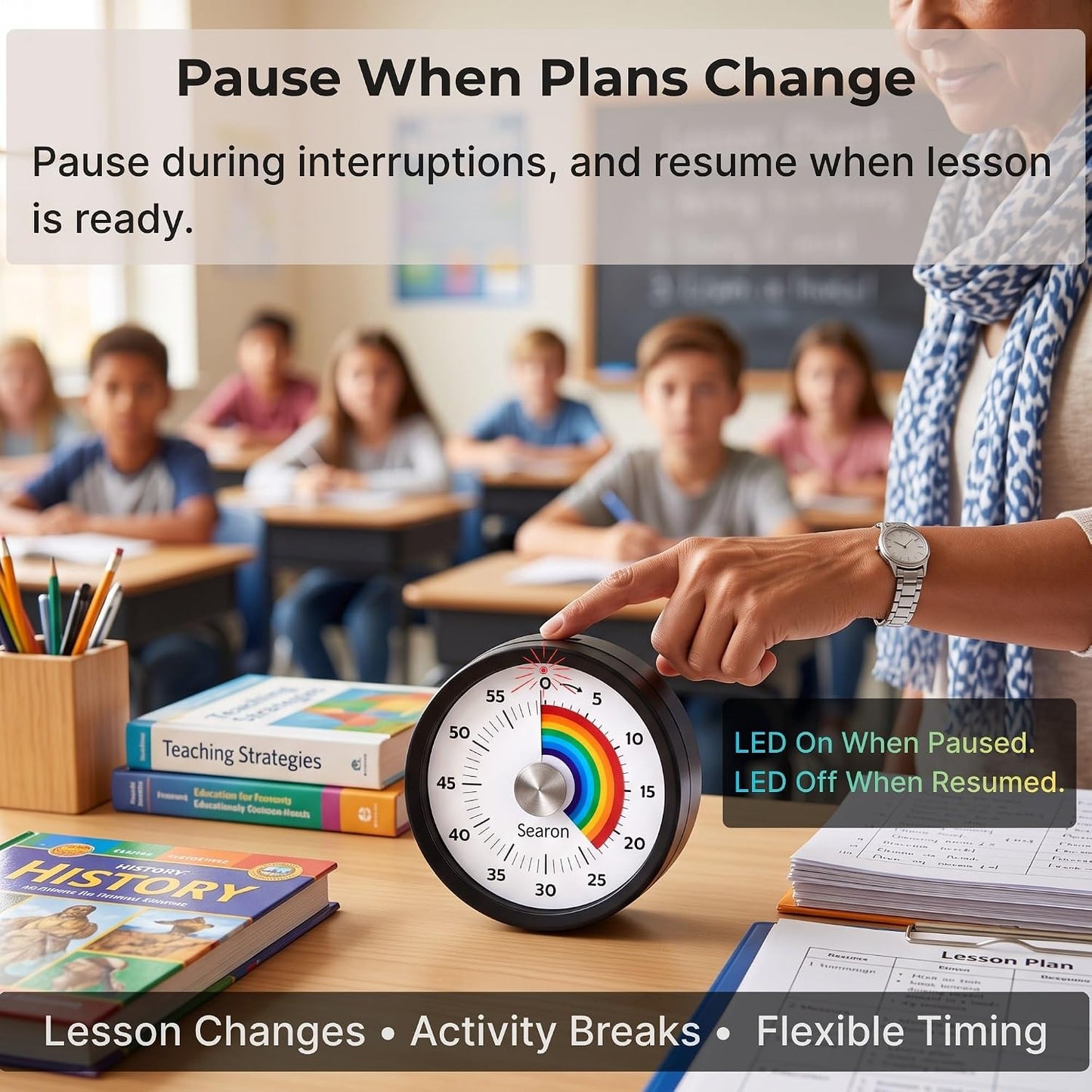 Searon Magnetic Visual Classroom Timer for Teachers, 60-Minute Countdown | No-Tick with Sound or Silent LED Alert, Pause, Magnet/Stand/Hang for Reading, Small Groups & Classroom Routines