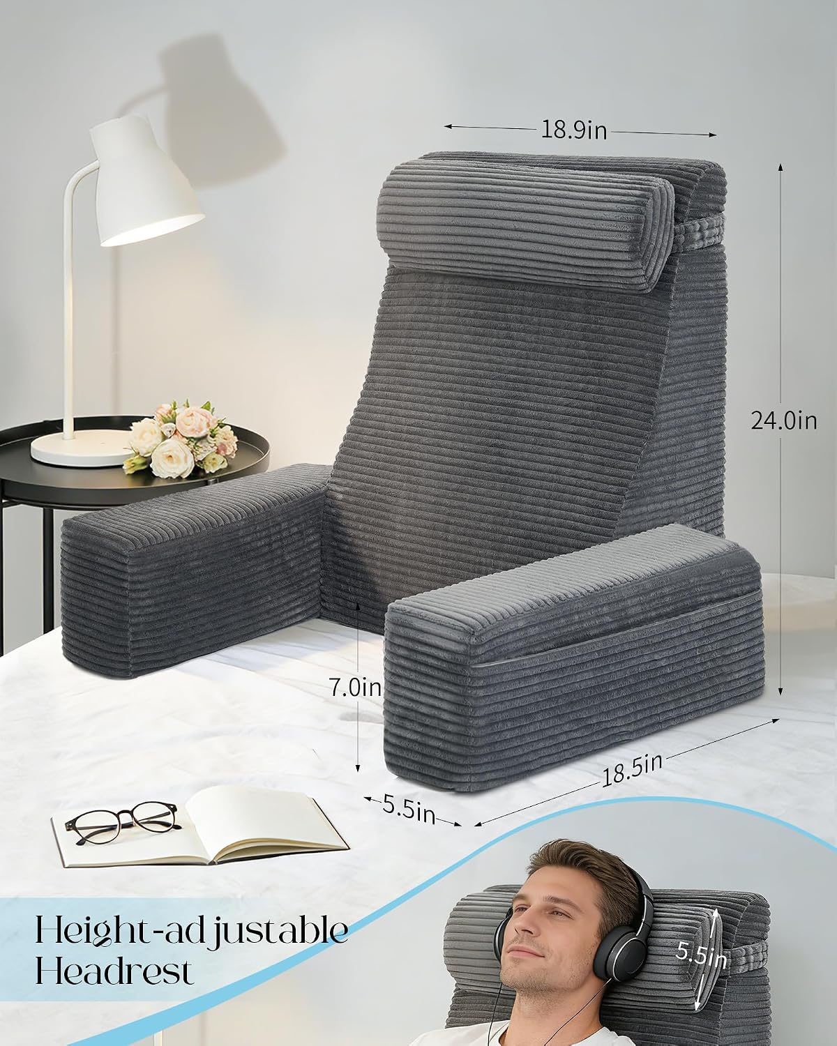 Seniny 22" Reading Pillow for Bed Adult - Back Support Pillow for Sitting Up Rest, Husband Bed Chair and Backrest Pillow with Arms, Lounge Sit Up Pillows for Dorm, Corner, Couch, Study, Watching TV