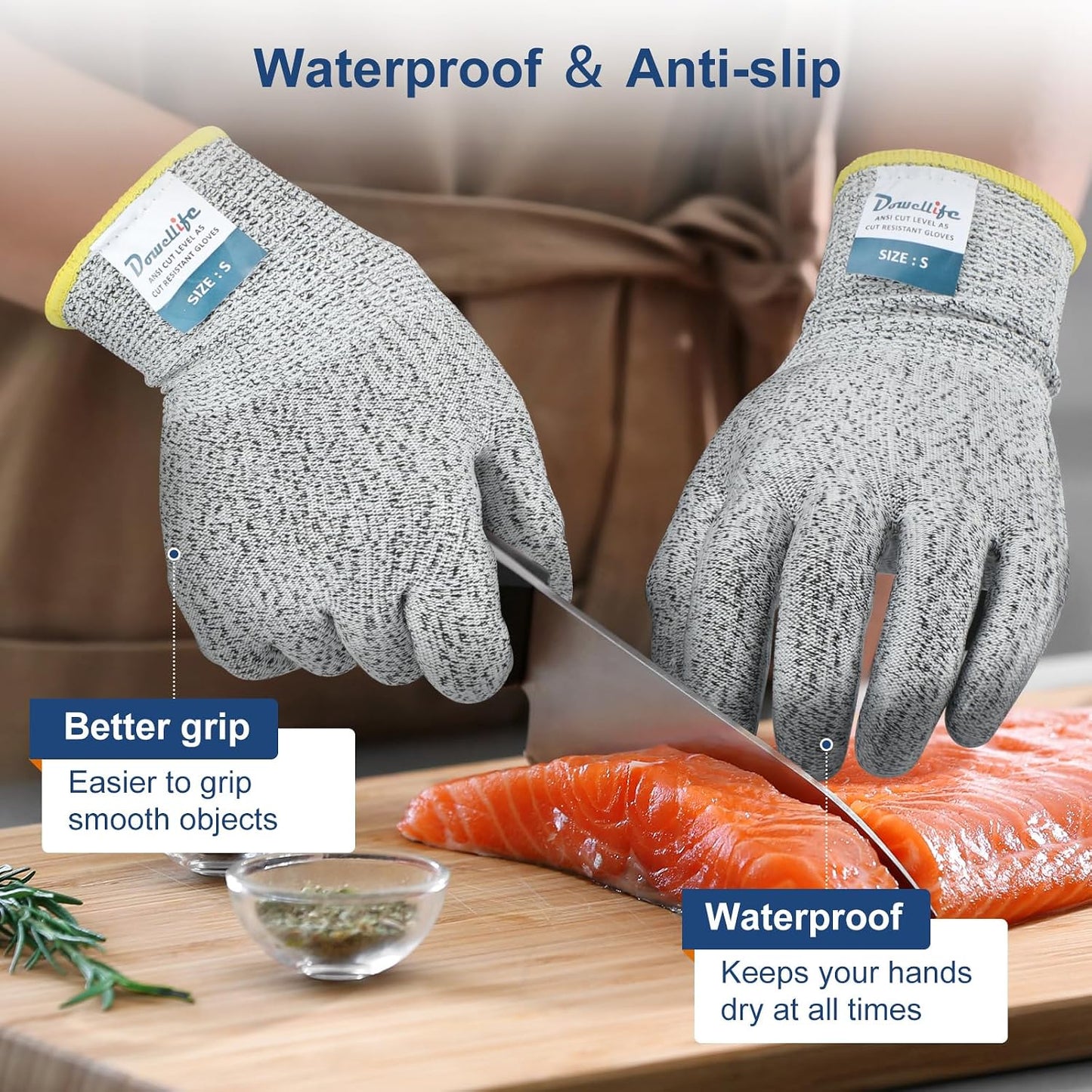 Dowellife Cut Resistant Gloves Food Grade Level 5 Protection, Safety Kitchen Cuts Gloves for Oyster Shucking, Fish Fillet Processing, Mandolin Slicing, Meat Cutting and Wood Carving. (X-Large)