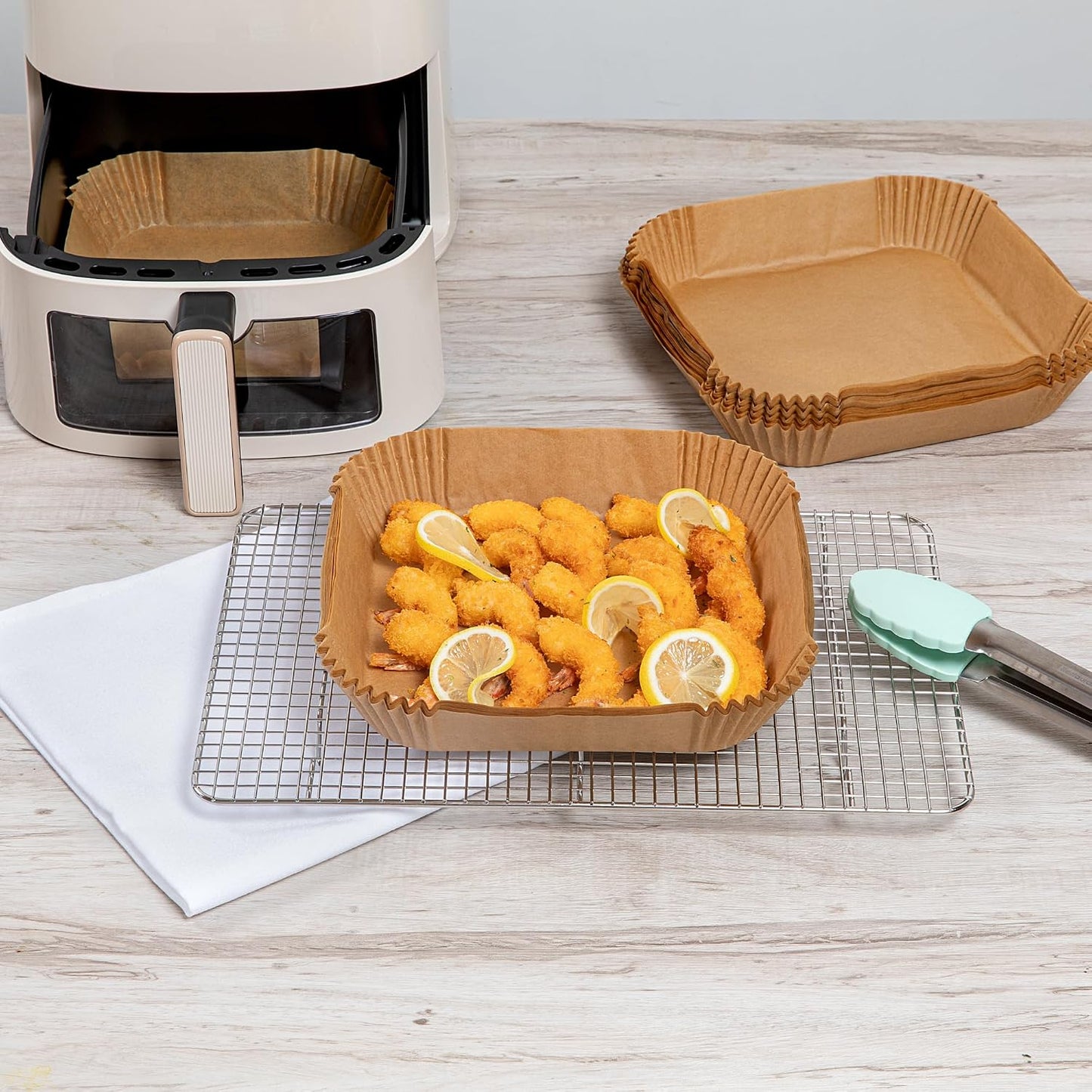 Restaurantware-Pastry Tek 8.1 x 5.5 x 1.8 Inch Air Fryer Liners, 100 Rectangle Air Fryer Baskets - No-Stick Silicone Coating, Unbleached, Food-Grade Paper Liners, For Steamer, Microwave, Oven