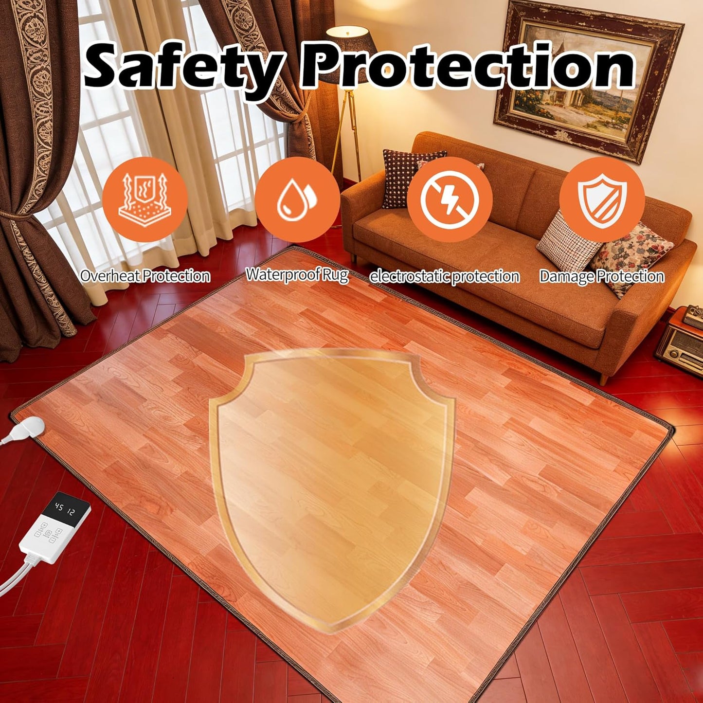 120V Electric Heated Mat Easy Clean PVC Surface Heating Carpet Space Heater Floor Rug with Timer Fast Warm Up for Living Room Office Play Room 600W 39x59 inch NM