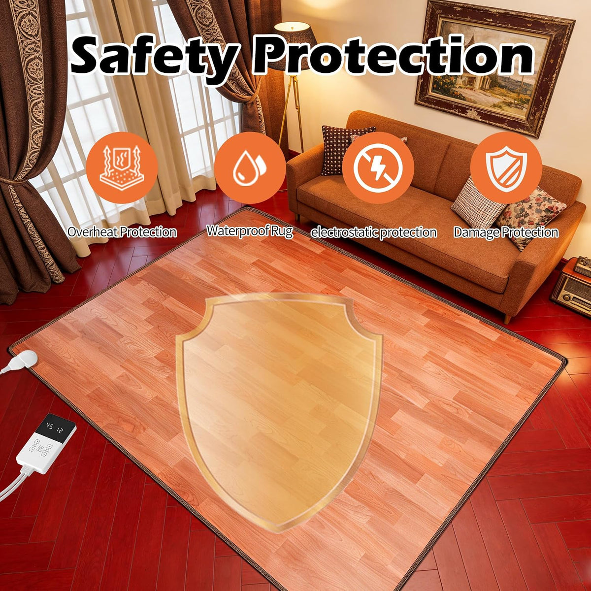 120V Electric Heated Mat Easy Clean PVC Surface Heating Carpet Space Heater Floor Rug with Timer Fast Warm Up for Living Room Office Play Room 600W 39x59 inch NM