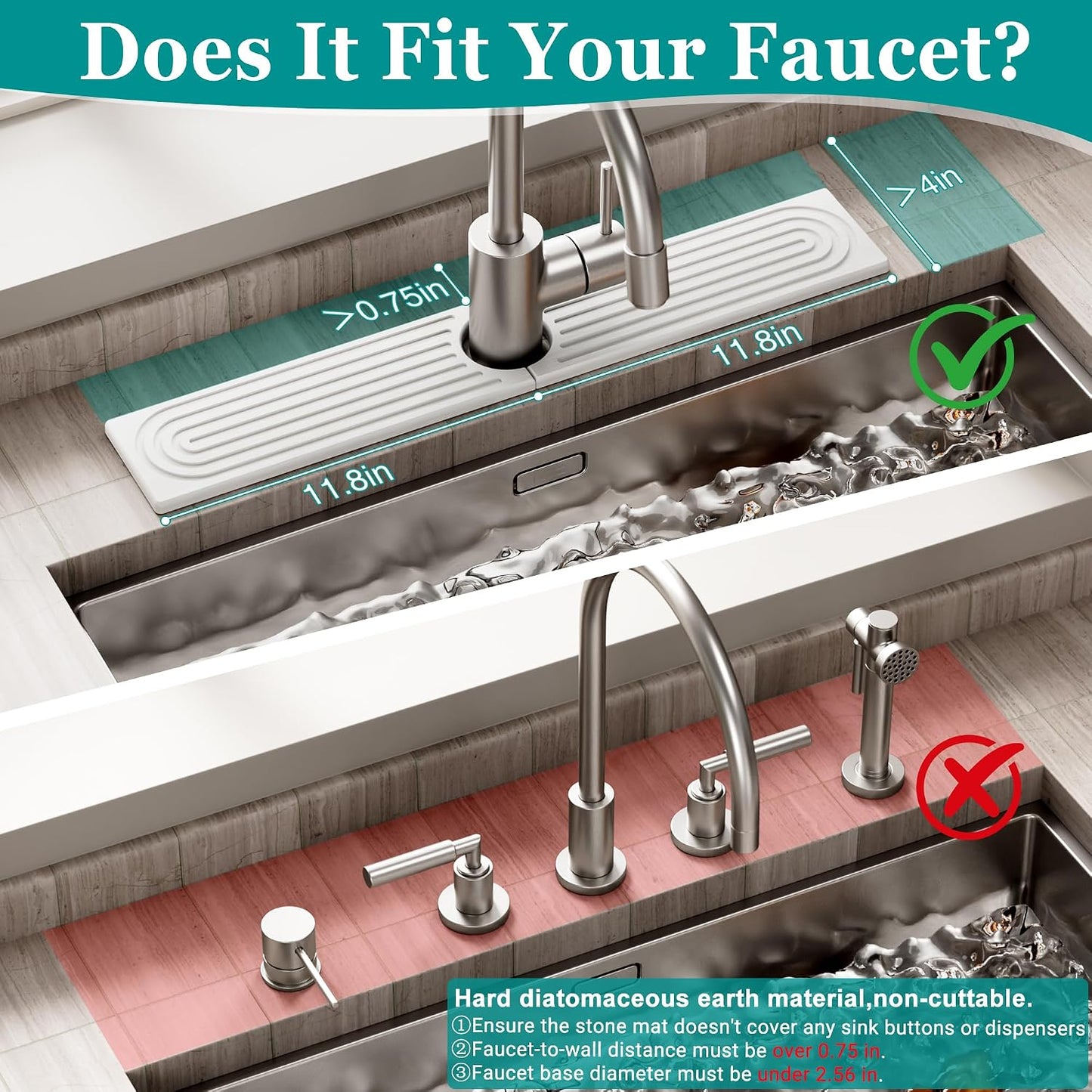 Stone Faucet Mat for Kitchen Sink - Quick Dry Diatomite Sink Splash Guard, Prevents Moisture Buildup & Water Stains, Water Absorbing Stone Tray for Bathroom Countertop (Dark Gray, 23.6" x 4")