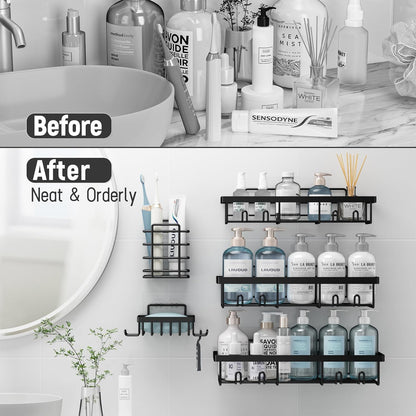 Liuoud 5 Pack Shower Caddy for Inside Shower, Gold Bathroom Storage Decor | Large Rustproof Stainless Steel Organizer with Strong Adhesive, No Drilling Wall Mounted Shelves, Bathroom Accessory Set