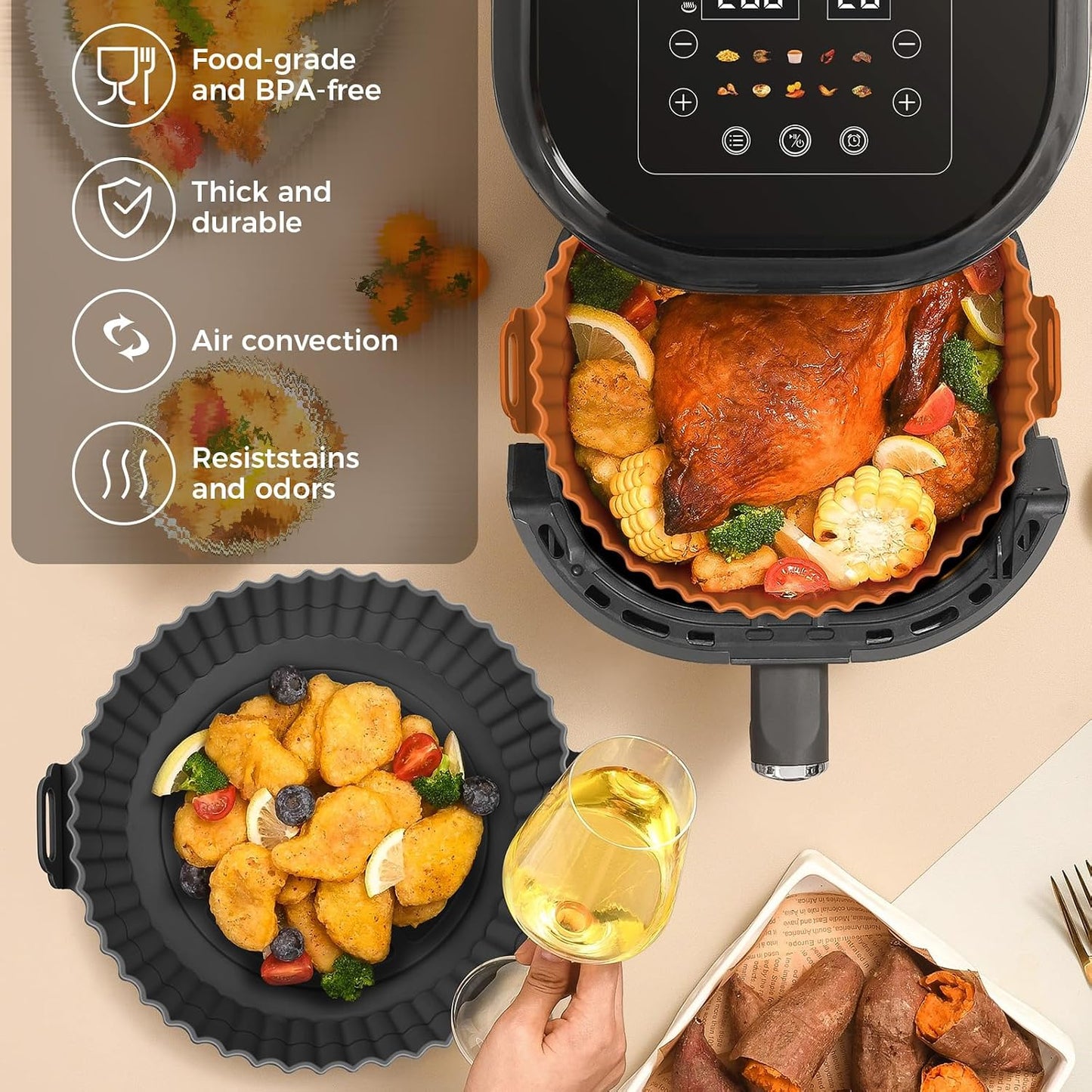 3 Pack Air Fryer Silicone Liners 8inch Air Fryer Silicone Pot Reusable Food Grade Silicone Airfryer Liners Baking Basket Accessories Replacement of Flammable Disposable Parchment Paper