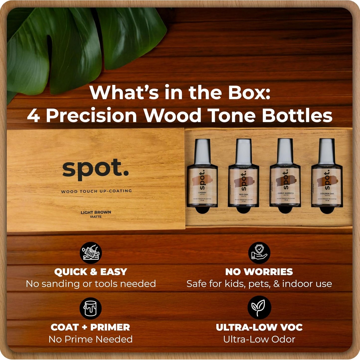 Light Brown Wood Stain Repair Kit, Brush-On Touch-Up Stain Bottles, Golden Oak, Early America, Cherry, Red Oak, Interior and Exterior Wood, 4 fl oz Total by spot.