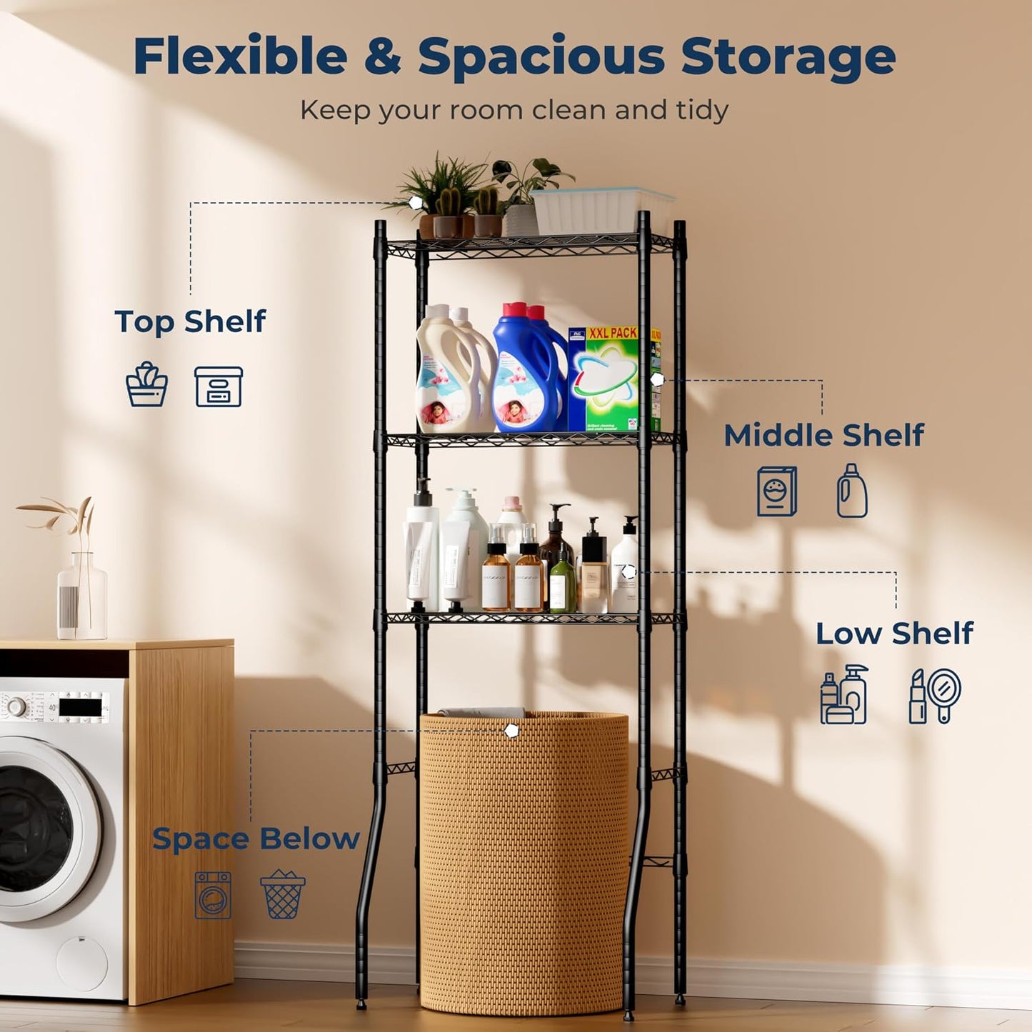 Laundry Room Storage Shelf & Organizer, 2 Tier Metal Over Washer and Dryer Shelves, Washing Machine Shelf with Hanger Rod, Expandable Bathroom Space Saver Shelf, 26–37" L x 15.8" W x 59.5" H, Black