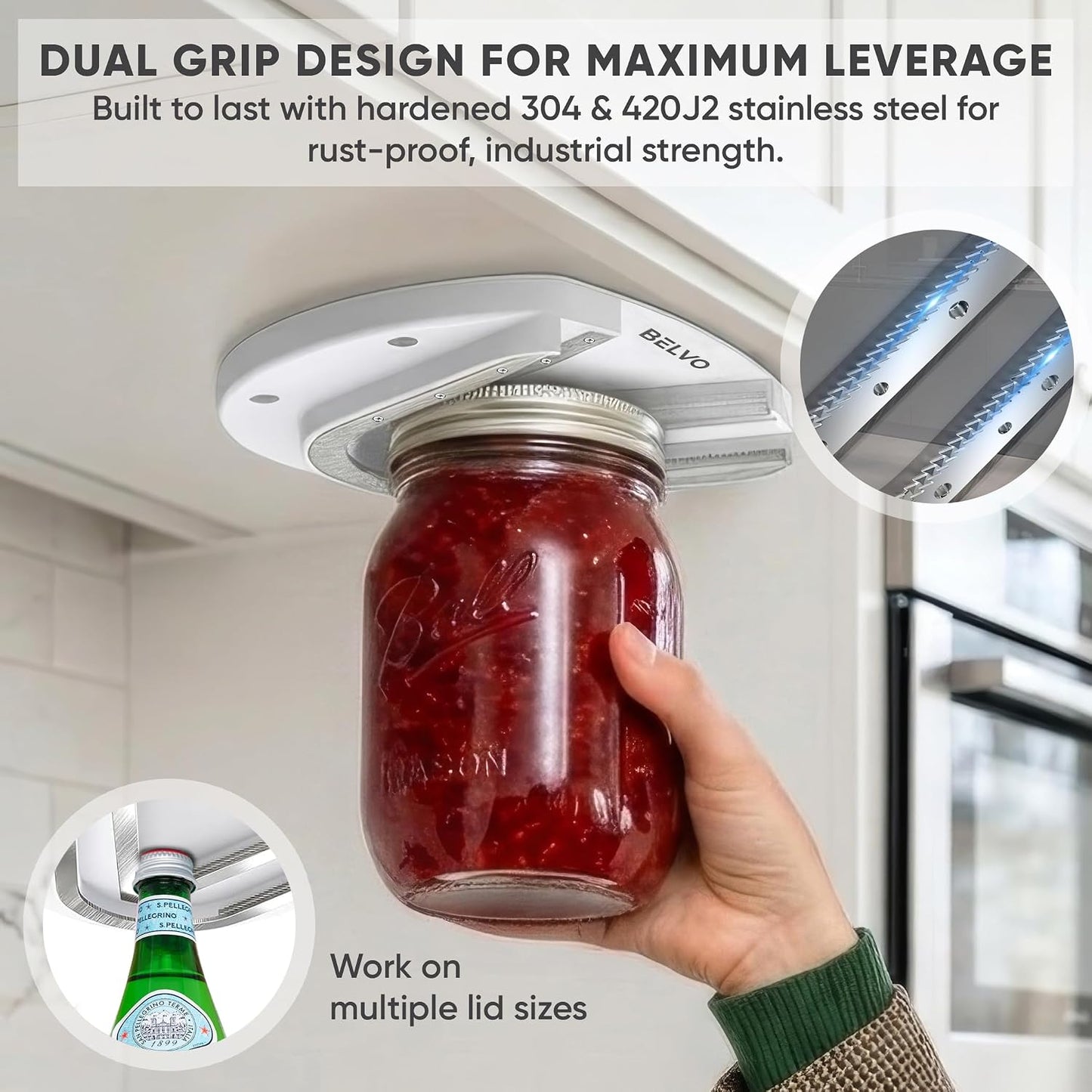 Belvo Under Cabinet Jar Opener for Weak Hands & Seniors – Heavy Duty Lid Opener for Arthritis, Easy Grip Under Counter Jar Opener Tool for Bottles & Lids – White