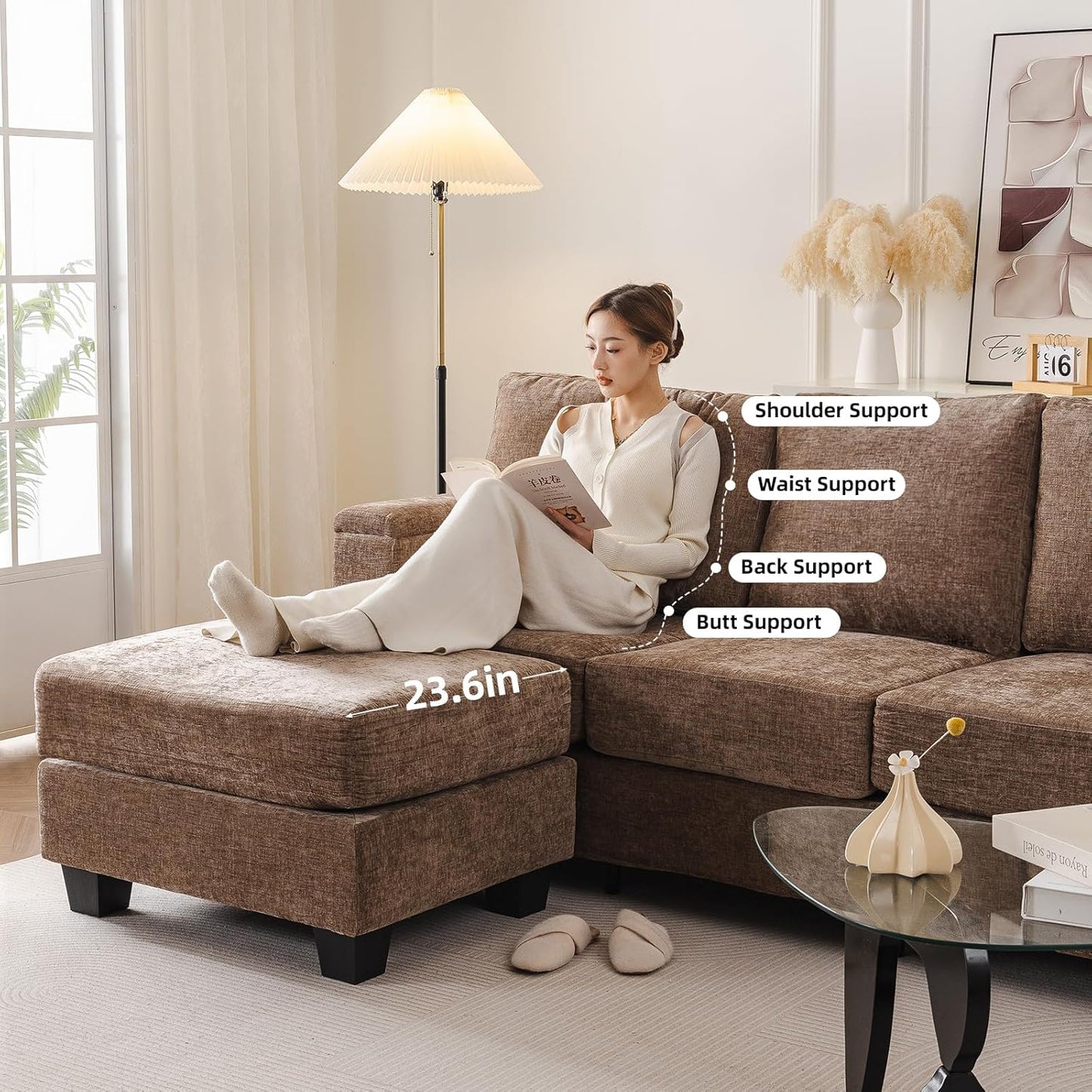 85'' L Shaped Couch with Armrest Organizer,Sectional,Movable Ottoman,Khaki | Comfy Sectional Sofa with Thick Cushion,3 Seats Sofas,Sectional Couches for Living Room,Bedroom,Apartment,Chenille