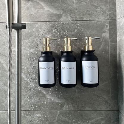 3 Pack Wall Mount Shower Dispenser, No Drill, 16 Waterproof Labels | Shampoo Dispenser for Shower Wall, Shampoo and Conditioner Dispenser, Bathroom, 17oz, Gold Amber