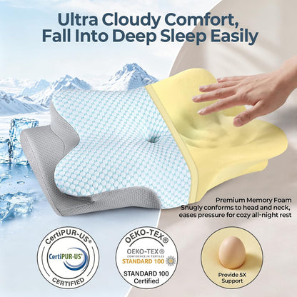 Cervical Pillow for Neck Pain Relief, Ergonomic Neck Pillow for Sleeping, Contour Side Sleeper Pillow for Neck Support, Orthopedic Cooling Memory Foam Pillows for Back Stomach Sleepers (Blue)