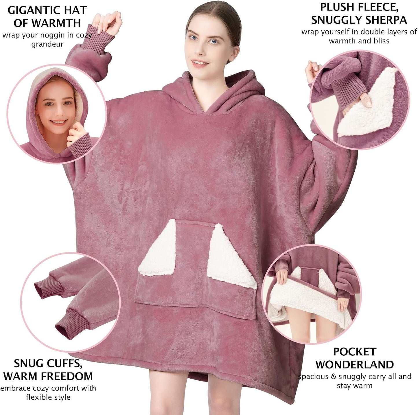 Wearable Blanket Hoodie, Oversized Sherpa Fleece Sweatshirt Blanket with Giant Hood Pocket and Sleeves for Adult, Warm & Cozy Grey Blanket Gifts for Women