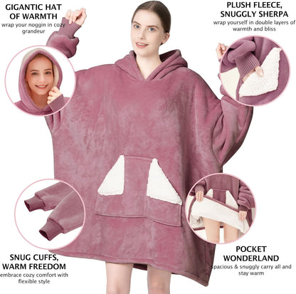 Wearable Blanket Hoodie, Oversized Sherpa Fleece Sweatshirt Blanket with Giant Hood Pocket and Sleeves for Adult, Warm & Cozy Grey Blanket Gifts for Women