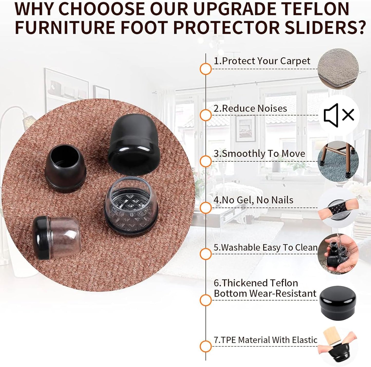 Chair Sliders for Carpet, 16PCS Furniture Sliders for Carpeted Floors & Hardwood Floors, Round Chair Glide Pads for Quickly and Easily Moving Furniture, Protect Floor(Clear, Fit 0.75"-1.1") | Chair Glides for Carpet & Hardwood Floor, Furniture Slides