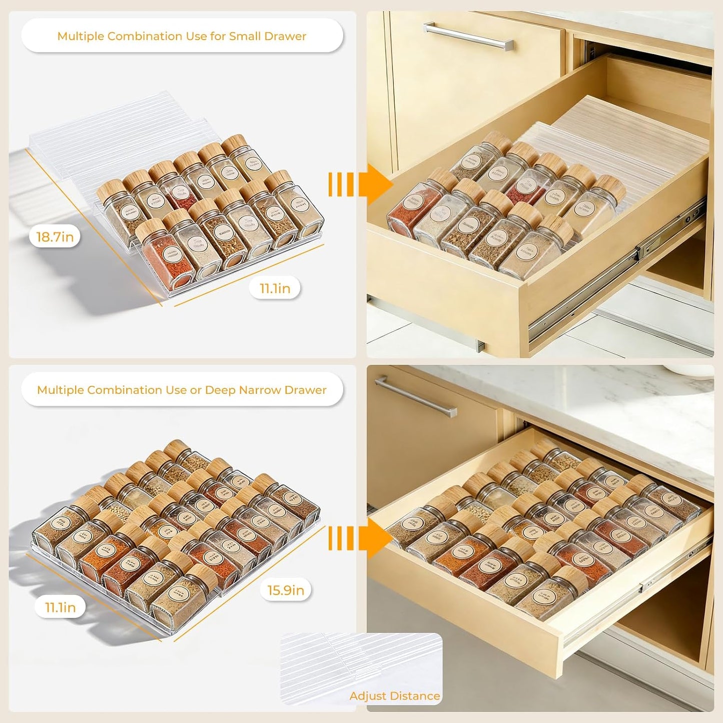 UFORU Acrylic Drawer Spice Organizer 4 Pack,Expandable 11‑22" Tray | Clear Tiered Spice Rack for Drawer,Seasoning Organizer,Hold Up to 24 Standard Spice Jars,No Assembly,Jars Not Included