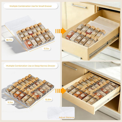 UFORU Acrylic Drawer Spice Organizer 4 Pack,Expandable 11‑22" Tray | Clear Tiered Spice Rack for Drawer,Seasoning Organizer,Hold Up to 24 Standard Spice Jars,No Assembly,Jars Not Included