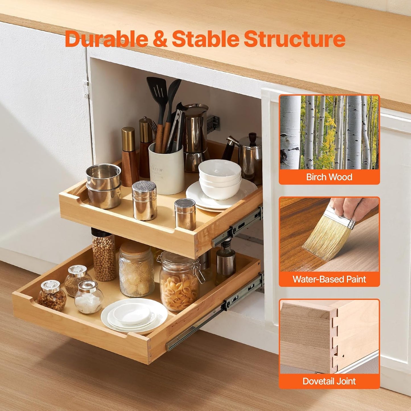 VEVOR Pull Out Cabinet Organizer, 14"W x 21"D Cabinet Drawer, Soft Close Slide out Shelf, Heavy-Duty Sliding Wood Drawer, Bottom Mount Size（14.5"W x 23"D）and Side Mount Size（15"W x 23"D） | Heavy-Duty Sliding Shelf with Bottom or Side Mounting for