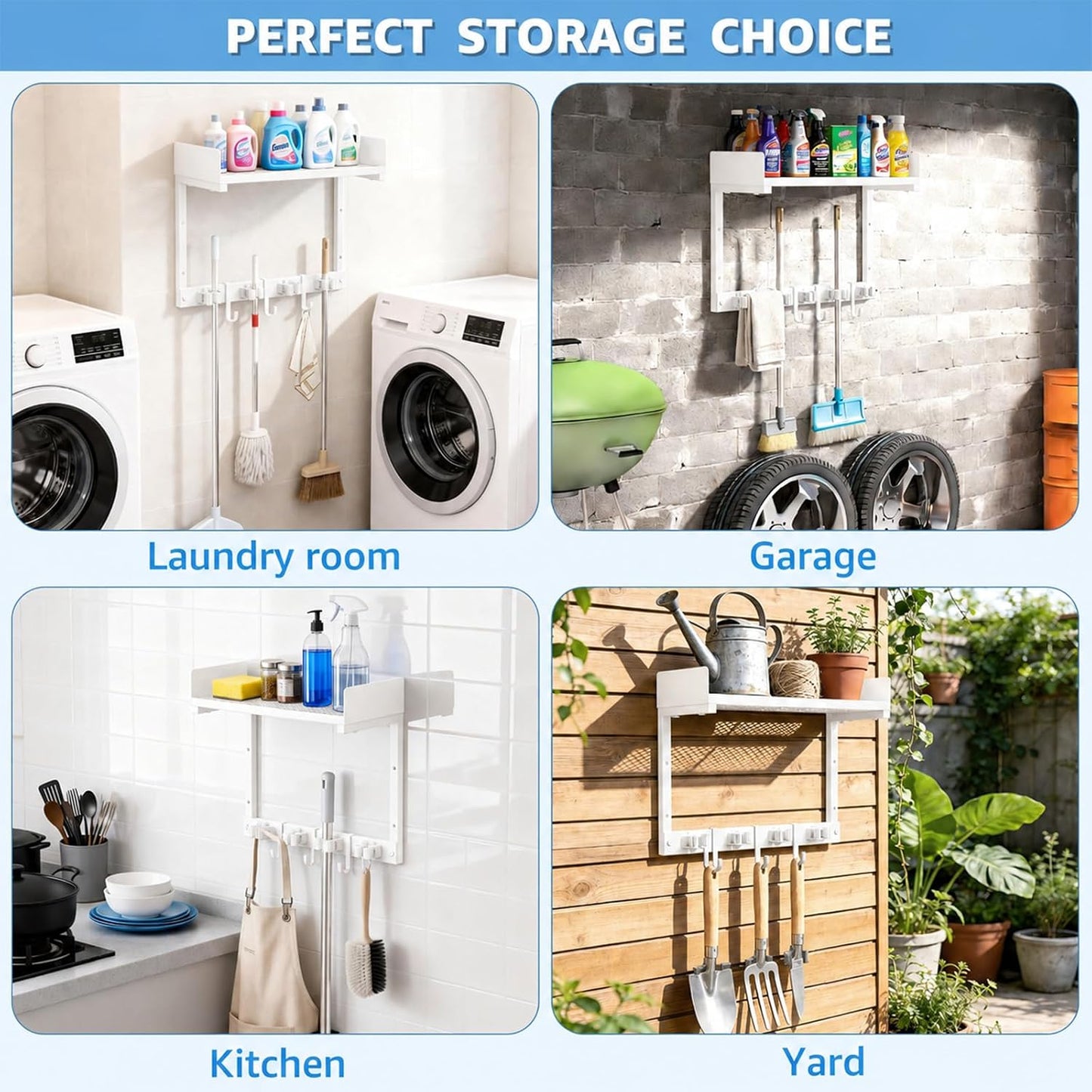 27" Mop and Broom Holder Wall Mount with Top Storage Shelf & Hooks,Black | Mop Hanger Wall Mount, 5 Grippers, 5 Hooks, Wall Organizer For Laundry Room, Garage And Kitchen